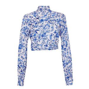 High Neck Open-Back Blue & White Toile Tie- Neck Top